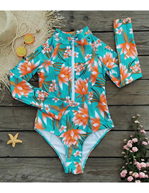 Fashion Orange Flower On Blue Background Polyester Print Zip Long Sleeve One Piece Swimsuit