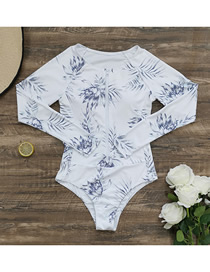 Fashion Grey And White Flowers On White Polyester Print Zip Long Sleeve One Piece Swimsuit