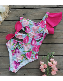 Fashion Light Blue Pink Flowers Polyester Print Lace-up Cutout Ruffle One-shoulder Swimsuit