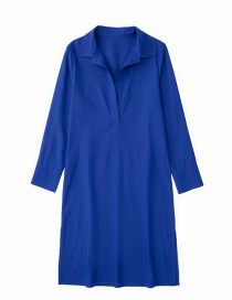 Fashion Blue Linen V-neck Lapel Dress