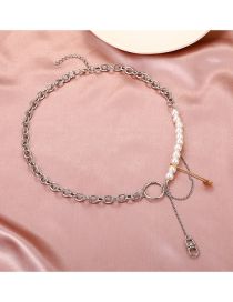 Fashion Silver Alloy Pearl Beaded Panel Chain Paperclip Bracelet