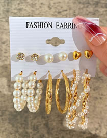 Fashion Gold Alloy Diamond Pearl Geometric Earrings Set