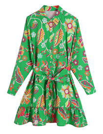 Fashion Green Cotton Print Lace-up Dress  Cotton