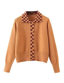 Fashion Brown Acrylic Check Panel Buttoned Lapel Cardigan  Acrylic