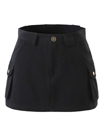 Fashion Black Solid Multi-pocket Button Down Skirt  Cotton