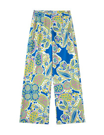 Fashion Blue Cotton Printed Straight-leg Trousers  Cotton