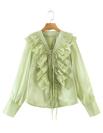 Fashion Green Solid Ruffle V-neck Long Sleeve Shirt  Cotton