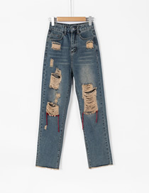 Fashion Blue Washed Ripped Red Denim Trousers  Cotton