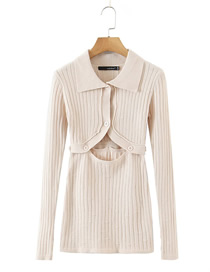 Fashion Beige Cotton Knit Lapel Long Sleeve Split Dress  Cotton