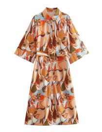 Fashion Orange Woven Print Lapel Dress  Woven