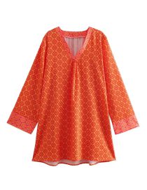 Fashion Orange Woven Print V-neck Dress  Woven
