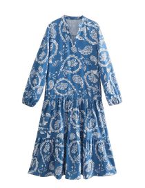 Fashion Blue Printed V-neck Dress  Woven