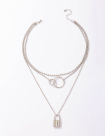 Fashion Silver Alloy Geometric Ring Small Lock Multilayer Necklace