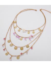 Fashion Gold Alloy Rice Bead Tassel Diamond Round Head Multi-layer Necklace