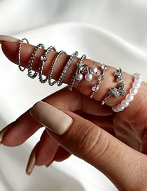 Fashion Silver Alloy Diamond Butterfly Pearl Geometric Ring Set