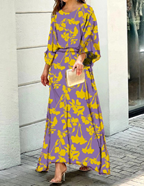 Fashion #5 Purple + Yellow Flowers Polyester Print Top Skirt Set