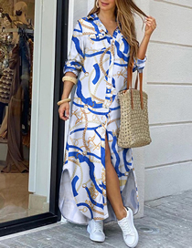 Fashion Chain White+blue Polyester Print Breasted Lapel Dress
