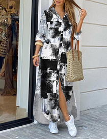 Fashion Black And White Tie Dye Polyester Print Breasted Lapel Dress