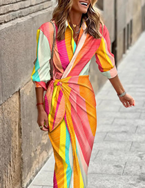 Fashion 8# Polyester Print Knot Lapel Dress