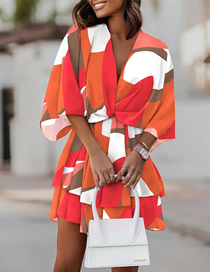 Fashion 3# Polyester Print Panel V-neck Doll Sleeve Dress
