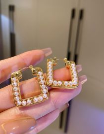 Fashion 6# Ear Buckle - Golden Square (real Gold Plating) Metal Pearl Square Earrings