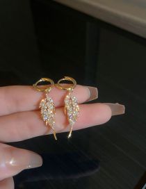 Fashion 33#ear Buckles-golden Leaf Metal Diamond Leaf Earrings