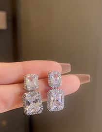 Fashion Silver Metal Zirconium Square Stud Earrings