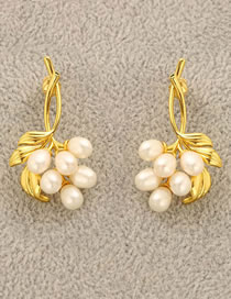 Fashion Gold Pure Copper Leaf Pearl Grape Stud Earrings