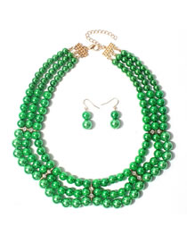 Fashion Green Pearl Beaded Diamond Layered Necklace And Earrings Set