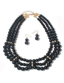 Fashion Black Pearl Beaded Diamond Layered Necklace And Earrings Set