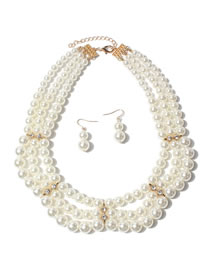 Fashion White Pearl Beaded Diamond Layered Necklace And Earrings Set