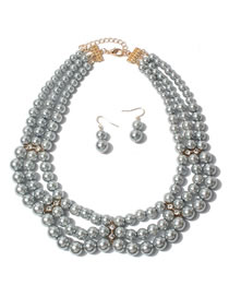 Fashion Grey Pearl Beaded Diamond Layered Necklace And Earrings Set