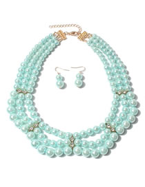 Fashion Blue Pearl Beaded Diamond Layered Necklace And Earrings Set