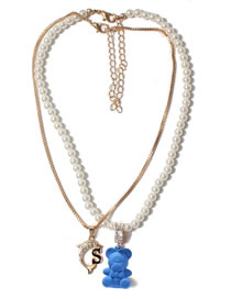 Fashion Blue Alloy Diamond Dolphin Alphabet Bear Pearl Beaded Necklace Set