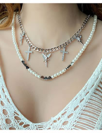 Fashion White Alloy Pearl Heart Beaded Diamond Cross Angel Double Layer Necklace