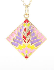 Fashion Pink Bronze Diamond Drip Oil Rhombus Leaf Necklace