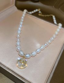 Fashion 9# Necklace - Golden Star (real Gold Plating) Pearl Beads And Diamonds Round Necklace