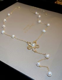 Fashion 12# Necklace-golden Flowers (real Gold Plating) Pearl Beaded Diamond Flower Y Necklace