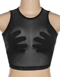 Fashion Black Crew Neck Sleeveless Sheer Panel Palm Tank Top