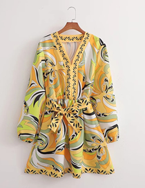 Fashion Yellow Geometric Print Lace-up V-neck Dress
