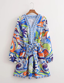 Fashion Blue Geometric Print Lace-up V-neck Dress