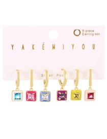 Fashion Color Set Of 6 Copper Inlaid Zircon Contrast Square Earrings
