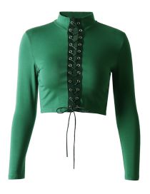 Fashion Green Polyester Stand Collar Tie Cropped Top