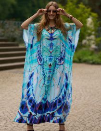 Fashion Blue Butterfly (zs2034-1) Cotton Print V-neck Slit Swimsuit Cover-up Dress