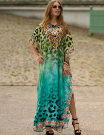 Fashion Green Leopard (zs2034-4) Cotton Print V-neck Slit Swimsuit Cover-up Dress