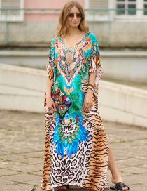 Fashion Yellow-green Tiger And Leopard (zs2034-7) Cotton Print V-neck Slit Swimsuit Cover-up Dress