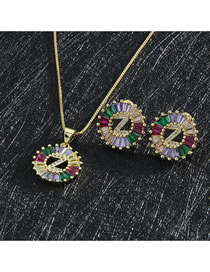 Fashion Gold-plated Zirconium Z Copper Inlaid Zirconium 26 Letter Round Necklace Stud Earrings Set