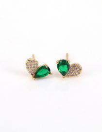 Fashion Green Brass Diamond Heart Stud Earrings