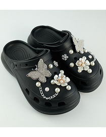 Fashion 01 Black Hole Shoes + Pearl Rhinestone Silver Butterfly Geometric Diamond Butterfly Chain Flower Buckle + Eva Thick Bottom Hole Shoes