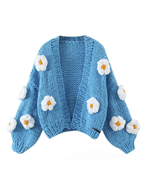 Fashion Blue Handmade Puff Flower Thick Line Sweater Coat